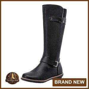 Knee High Riding Boots Flat Heel Buckle Side Zipper Synthetic Leather